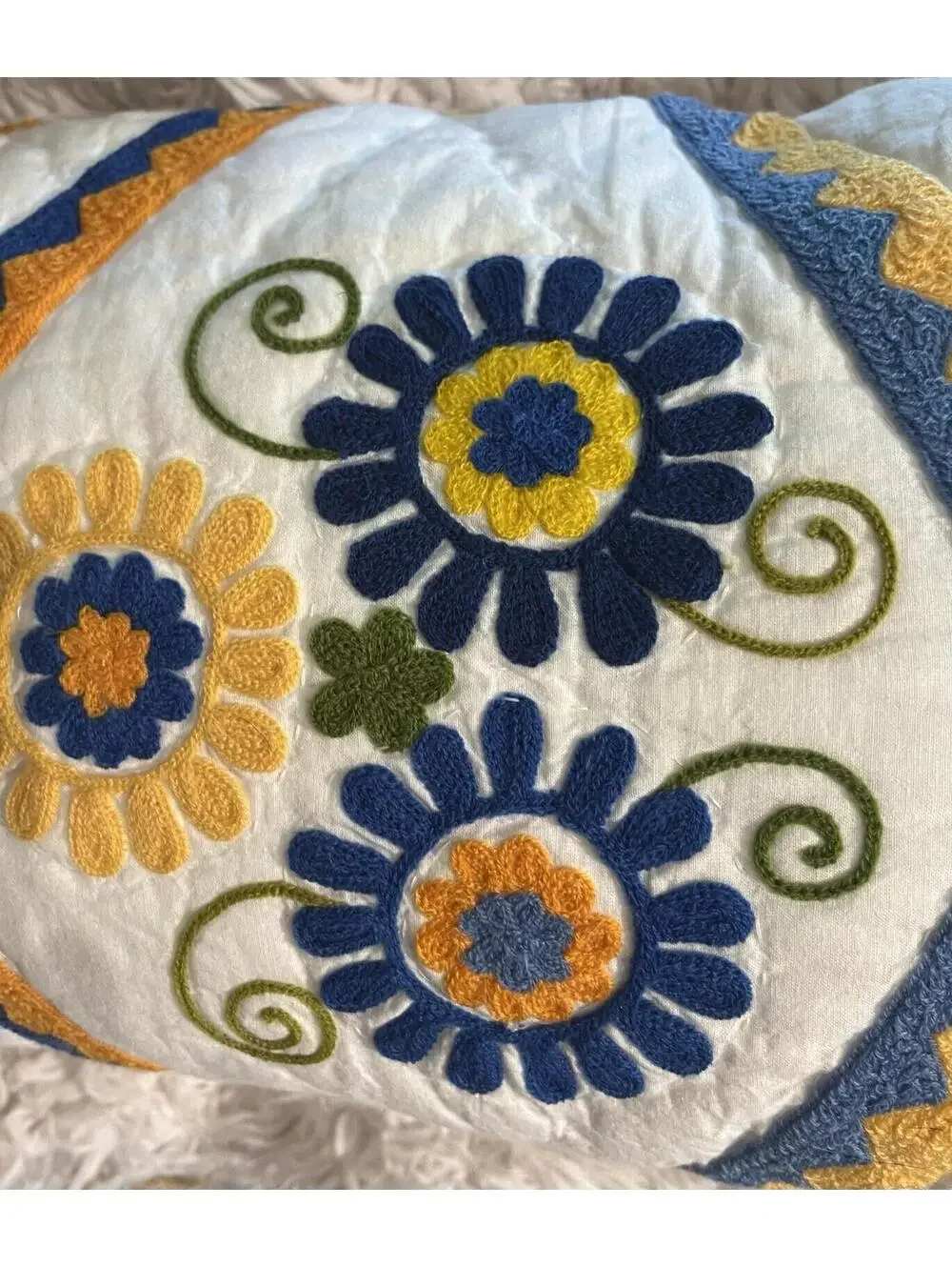 24x15” Rectangle Quilted Flowers White Orange Blue Country Cottagecore Handmade